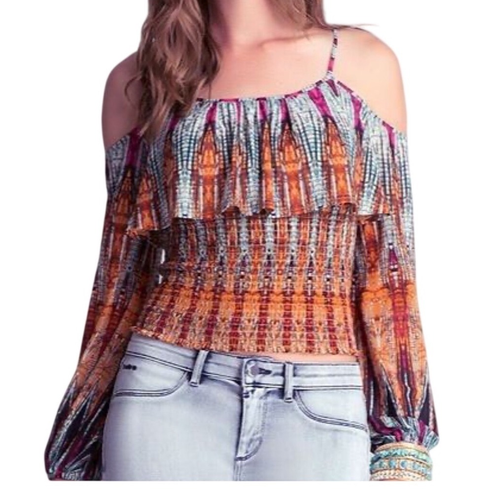 Bebe Womens Cold Shoulder Smocked Mesh Top Sz S Festival Hippie Dark Fairy Gypsy